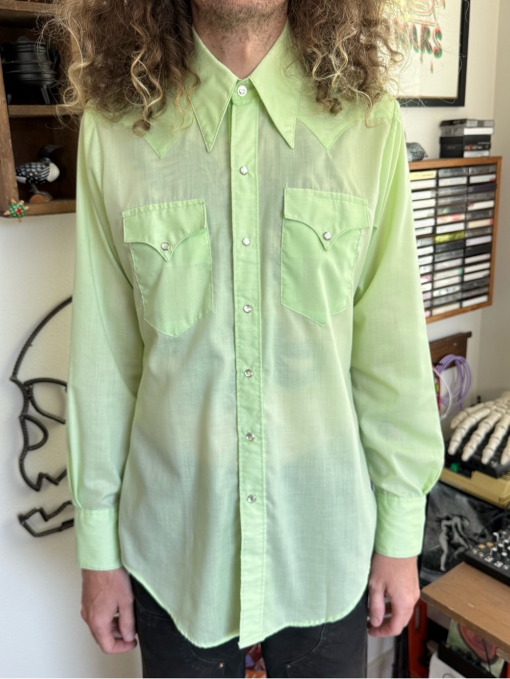 Vintage 60s Lime Green Pearl Snap Semi Sheer Spear Collar Western ~ Size Medium - Picture 4 of 8